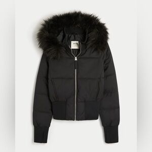 Hollister Black Puffer Jacket with Faux Fur Trim